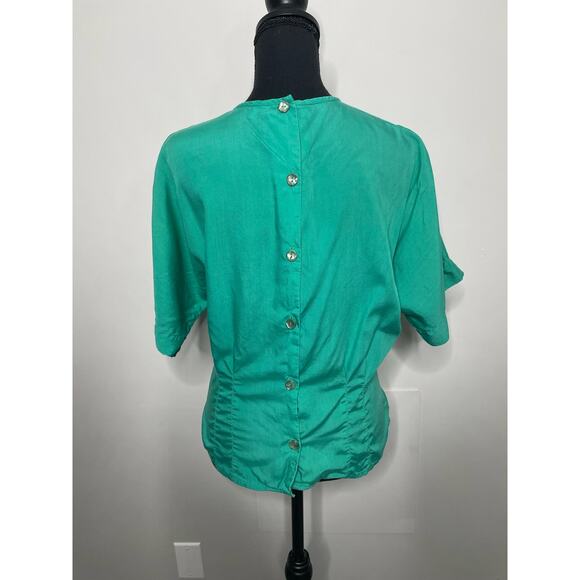Michelle Stuart Vintage Fitted Blouse Short Sleeve Emerald Green Button Up Back - Picture 7 of 13